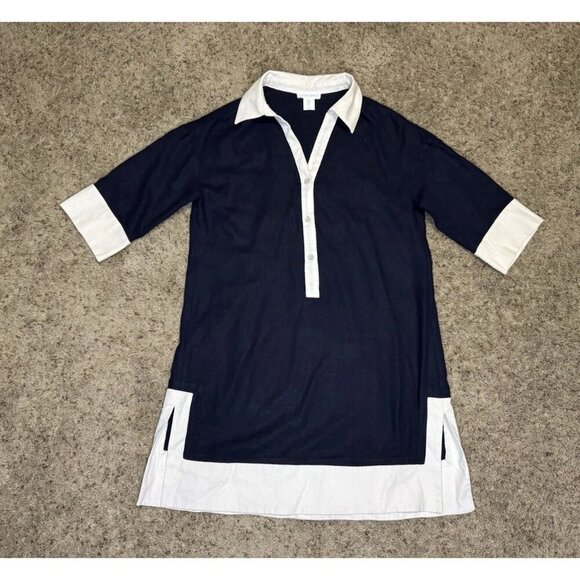 CYNTHIA ROWLEY Navy White Linen Blend 3/4 Sleeve Shirt Dress Beach Coastal SMALL - Picture 1 of 11